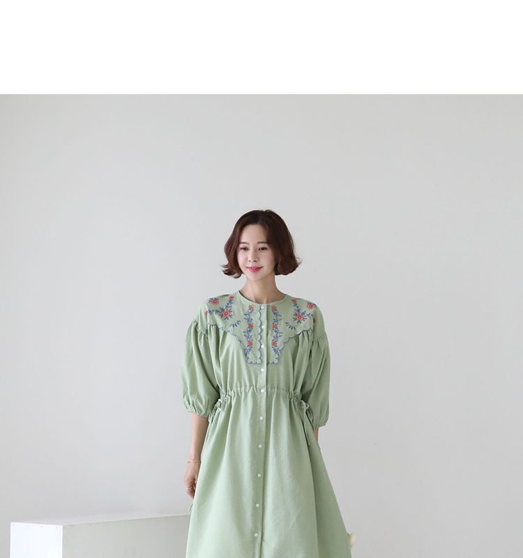 Lemite - Flower-Embroidery Balloon-Sleeve Long Shirtdress | YesStyle