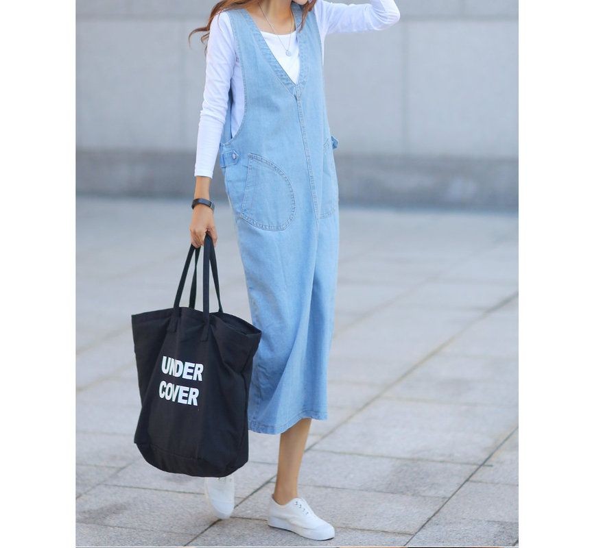 v neck denim pinafore dress