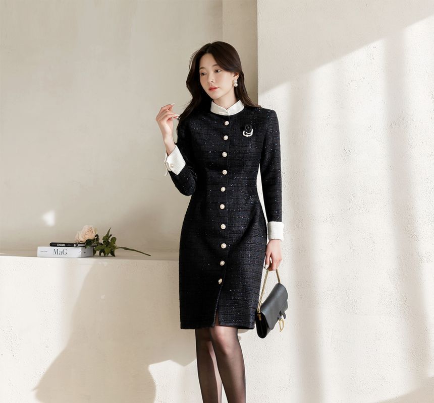 【CHICLINE】Eden Coloring Line Pearl Tweed Dress CHICLINE - Stand-Collar Pearly Tweed Dress | YesStyle