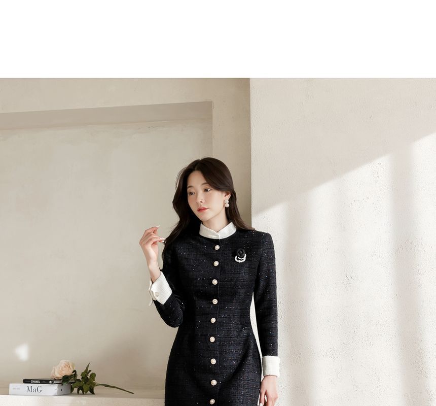 【CHICLINE】Penia Belt Tweed Dress☆韓国で大人気☆ CHICLINE - Square-Neck Tweed Midi Dress with Belt | YesStyle