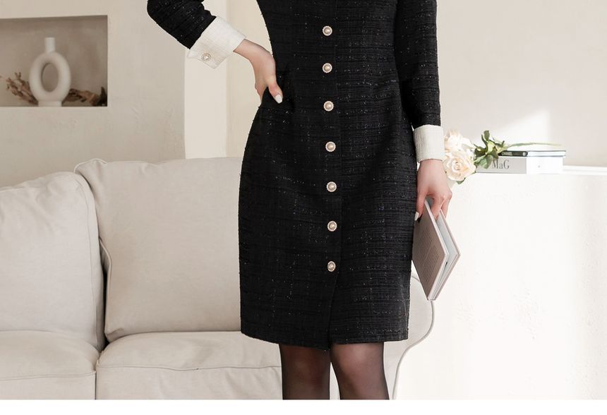 【CHICLINE】Penia Belt Tweed Dress☆韓国で大人気☆ CHICLINE - Square-Neck Tweed Midi Dress with Belt | YesStyle