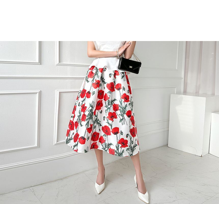 GUMZZI - Poppy Print Long Full Skirt | YesStyle