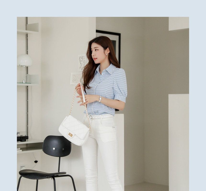 Styleonme Puff Sleeve Lace Trim Checked Blouse Yesstyle