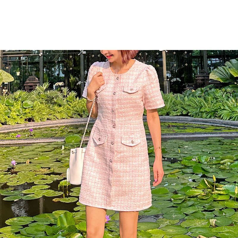 chanel pink dress 19S tweed Chanel Haute Couture Pink Dress with Buttons Lining the Back Midi dress - Cotton, silk