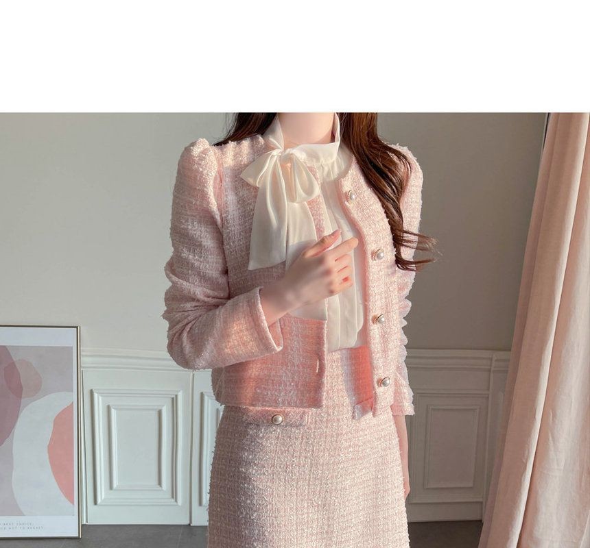 MyFiona - Tweed Set: Puff-Sleeve Jacket + Miniskirt | YesStyle