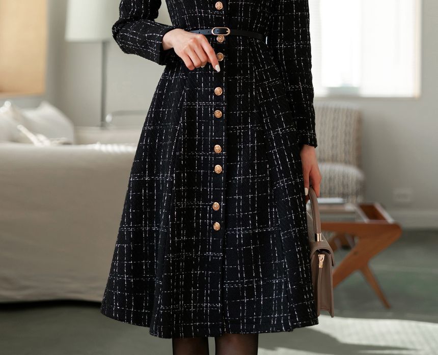 CHICLINE - Square-Neck Tweed Midi Dress with Belt | YesStyle