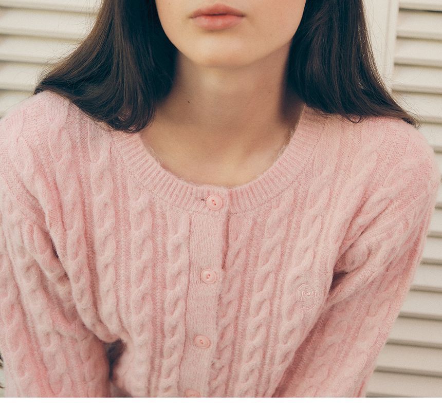 rolarola - Crew-Neck Cable-Knit Cardigan (Pink) | YesStyle
