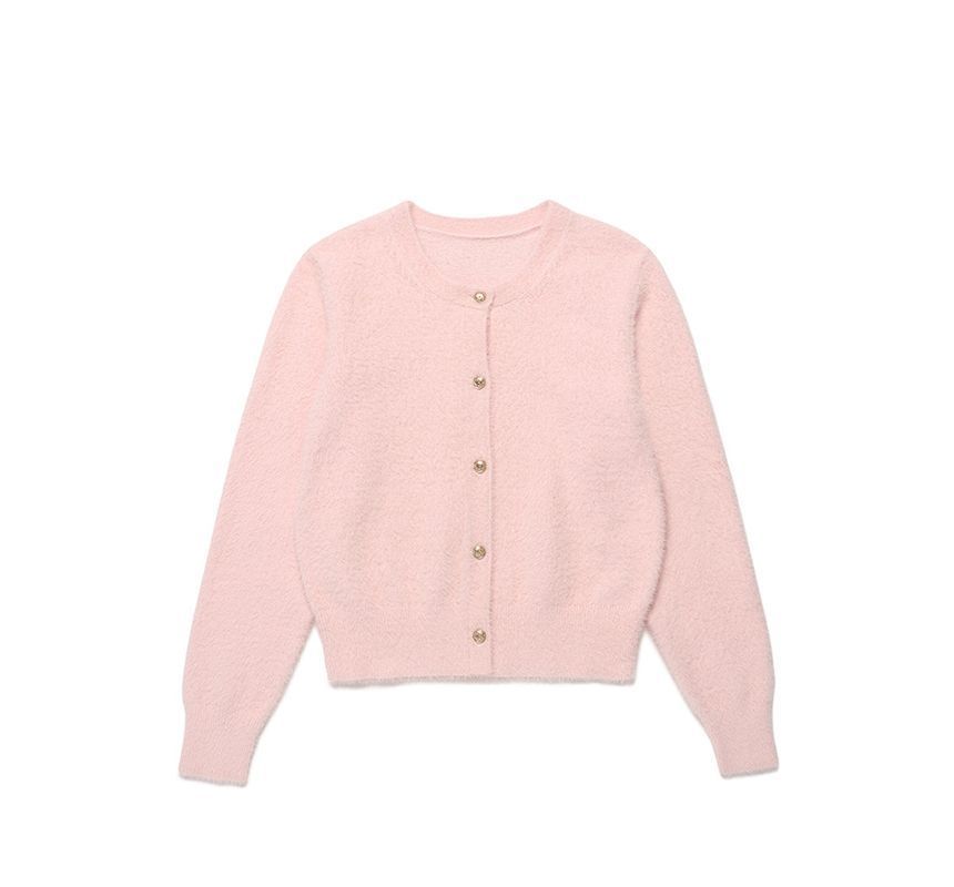 rolarola - Crew-Neck Furry Knit Cardigan (Light Pink) | YesStyle