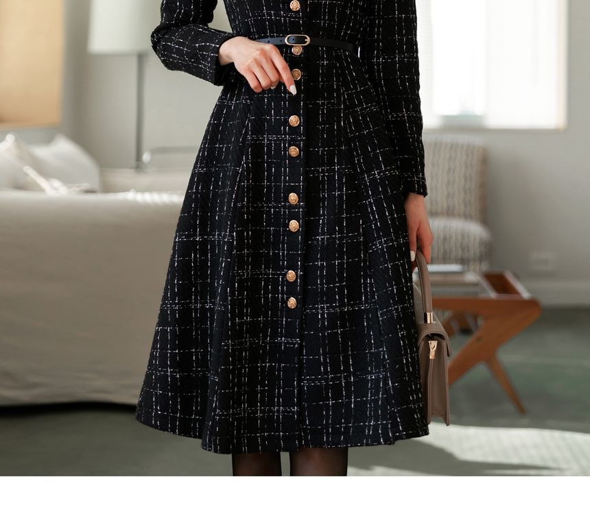 CHICLINE - Square-Neck Tweed Midi Dress with Belt | YesStyle